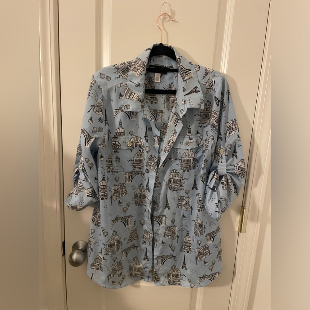 Karl Lagerfeld Paris Blue Printed Whimsical Long Sleeve Button Down